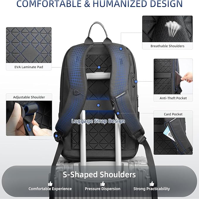 Business Backpack Computer Bag for 17.3 Inch Laptop for Men Women with USB Charging Port Water-Resistant Anti-theft Luggage Backpack Suitcase Casual Daypack for College Weekender Hikking Travel-Black