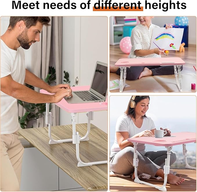 Bed Desk Height Adjustable, Bed Laptop Table with USB/Storage Drawer/Cup Holder/Tablet Stand/Book Shelf, Foldable Breakfast Tray Portable for Reading Writing, Bed, Sofa & Floor, Wood, Pink