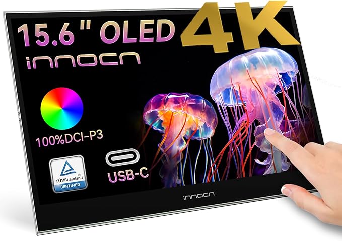 INNOCN 15.6" Portable Monitor OLED Touch Second Screen for Photo Editing with 4K, 100% DCI-P3, 100000:1, 10Bits, USB C External Monitor for Laptop,PC, Phone,Consoles, Brown, PU15 Pre C6