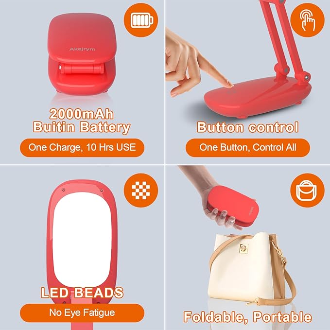 LED Desk Lamp for Office Home & Battery Operated Lamp Rechargeable Lamp Foldable & Portable Light, [2-Fold Bracket] 3 Brightness Dimmable Small Desk Lamp Wireless Reading Lamp (Red)