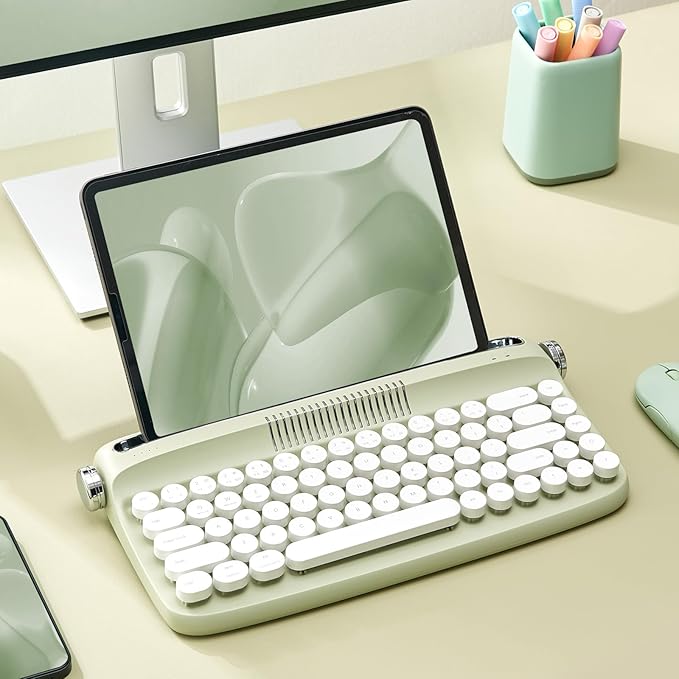 YUNZII Upgraded Wireless Typewriter Keyboard, Retro Aesthetic with Integrated Stand,Cute Round Keycaps, USB-C/Bluetooth Connection for Table, Phone, PC and Win/Mac/Android (B307, Sweet Mint)