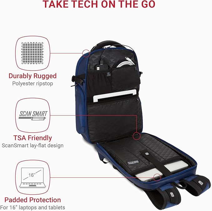 SwissGear Travel Tech Elite Laptop Backpack – Fits Laptops up to 16” – ScanSmart TSA-Friendly Backpack with USB Port, Shoe Compartment & Organizer Pockets – Navy Ballistic