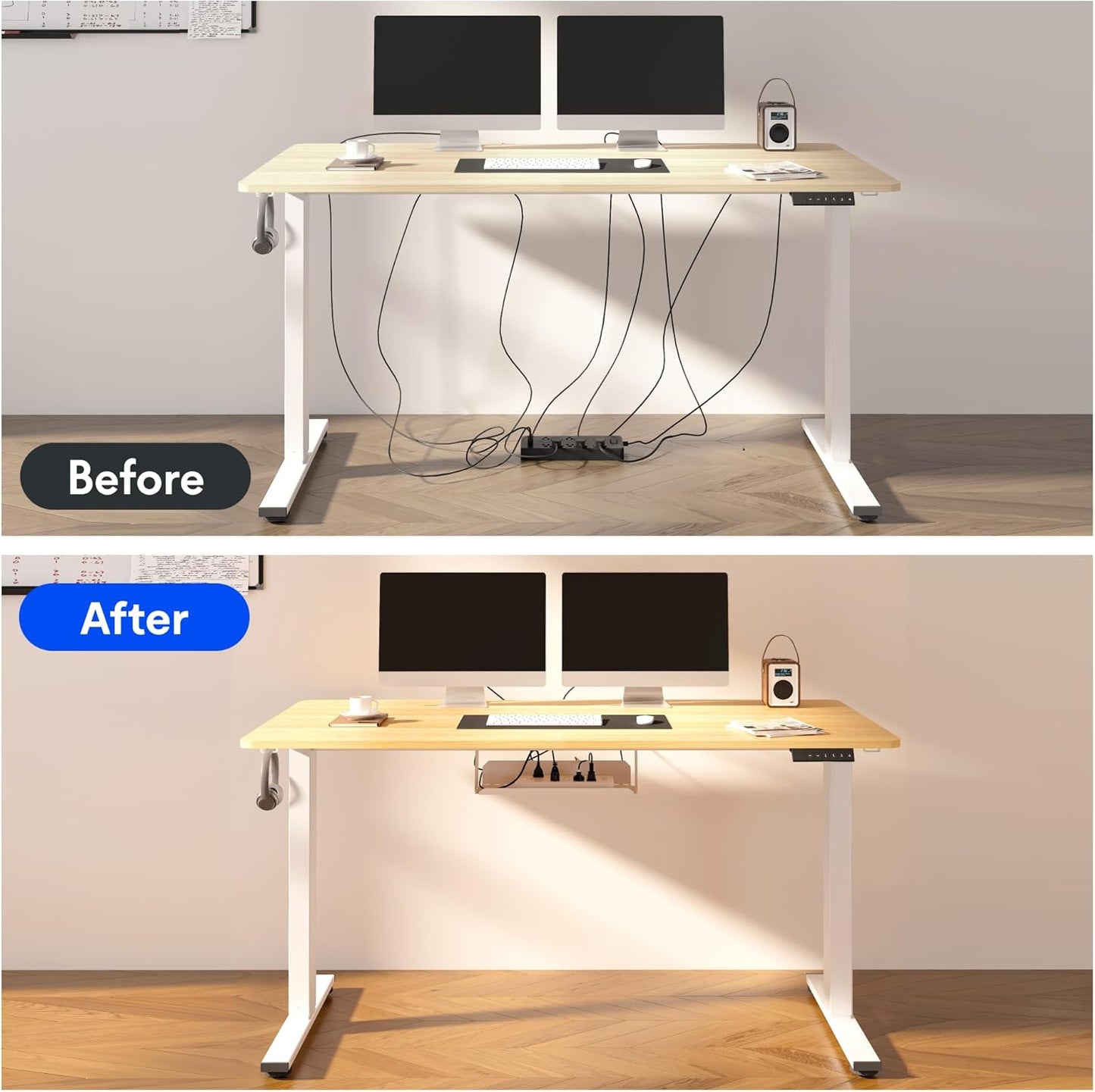 FLEXISPOT EN2 Whole-Piece Standing Desk with Clamp Power Strip, 48 x 24 Electric Stand Up Height Adjustable Desk with Cable Management (White Frame + 48" Maple Top)