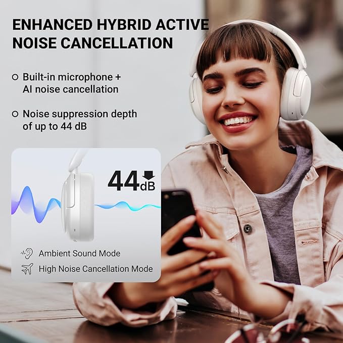 Edifier V80 Hybrid Active Noise Cancelling Headphones, True Wireless Over Ear Bluetooth Headset with 45H Playtime Hi-Res Audio Fast Charging Multipoint Connection for Travel Home Office - Ivory