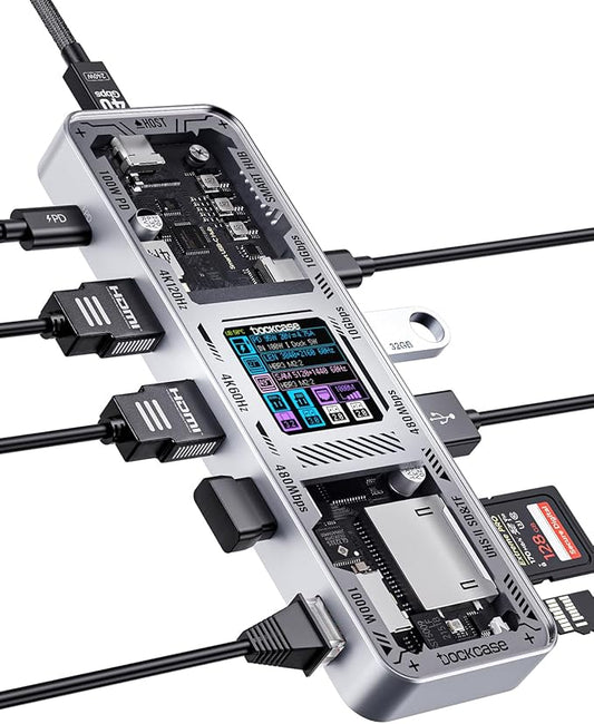 DOCKCASE Explorer Edition 10-in-1 USB C Hub, Dual 4K HDMI Docking Station for 2 Monitor, Gigabit Ethernet,1 USB-C and 3 USB-A Ports,100w PD, UHS-II TF/SD Card Reader for MacBook Pro, XPS, and More