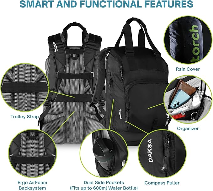 torch Laptop Backpack for Men & Women – Carry On Backpack 27L with 16-Inch Laptop Compartment, Shoe Compartment, and Anti-Sweat Back Panel, Casual Totepack for Work, Travel, and Everyday Use (Daksa)