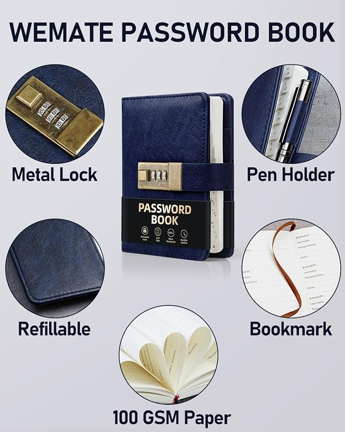 WEMATE Password Book with Lock, Password Book with Alphabetical Tabs 600+ Password Spaces, Password Logbook with Lock, Password Keeper for Computer 4.33 X 6.18 Inch Dark Blue