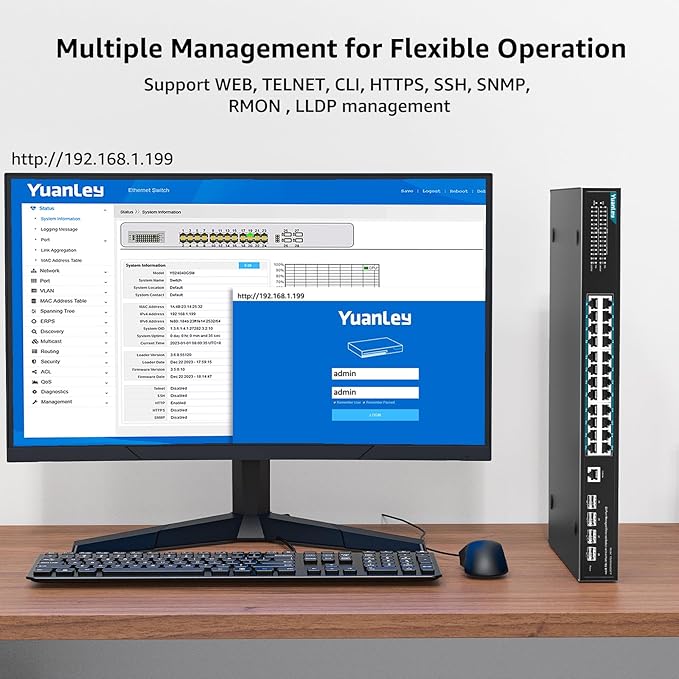 YuanLey 28 Port Gigabit Managed PoE Switch with 24 10/100/1000Mbps PoE+ Ports, 4X 10Gbps SFP+, L3 Smart Managment Ethernet Switch, VLAN, QoS, ACL, SSL, Fanless, Rackmount Network Switch