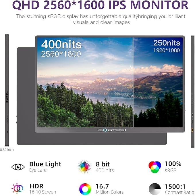16'' 120Hz Portable Gaming Monitor, 100% sRGB 2.5K QHD 400nits Portable Monitor with HDR, Ultra Slim, Eye Care, External Second Screen for Laptop, PC, PS5, Mac, Xbox