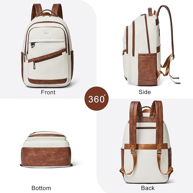 43L Backpack for Women Men - Vegan Leather Backpack Purse Travel Carry-on Bag College Bookbag Work fits 17" Laptop, Beige