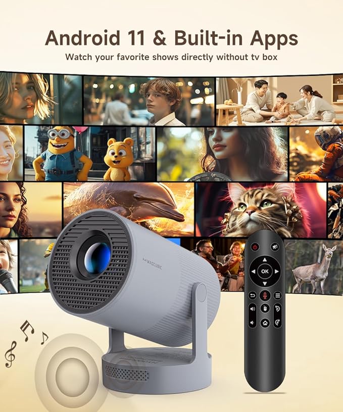 【Electric Focus】Magcubic Mini Projector 4K Support, Smart Projector with WiFi 6 and Bluetooth 5.4, 5W Soundbase Speaker, 180° Rotation, Portable Proyector for Home Theater HY300 Ultra (Grey)