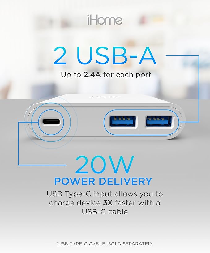 iHome 32W AC Pro Multi Port USB Wall Charger Block - Charging Station for Multiple Devices with 3 Ports (1 USB-C, 2 USB-A) - Fast Charging, Universal Compatibility