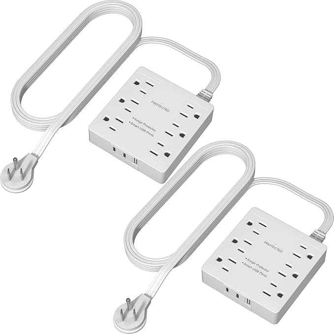 LIDER Outlet Extender with 6 Receptacles, USB-A and 2 USB-C, Ultra-Thin Flat-Plug, 6-Outlet Power Strip, Slim Angled Design, Surge Protector, 1500 Joules, 5ft Cord, UL-Listed, White, 2 Pack