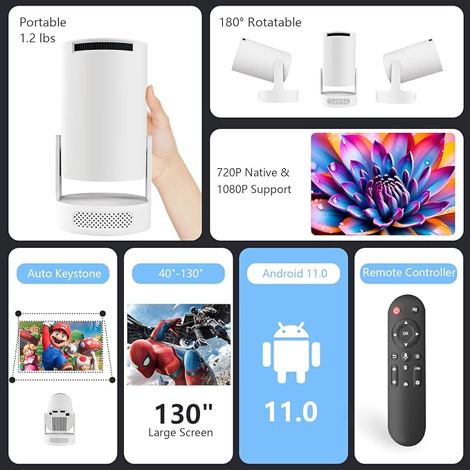 Mini Projector Android, WiFi Bluetooth 1080P Support HD Smart Projector with Apps, Auto Keystone, 180° Rotation, Portable Home Outdoor Movie Projector, Compatible Smartphone, Laptop, HDMI