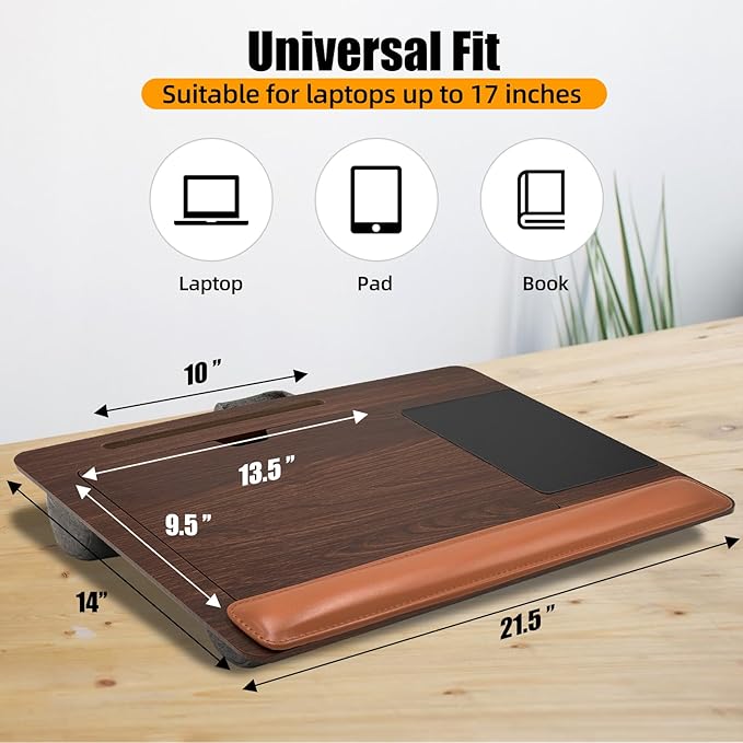 Adjustable Angle Laptop Tray with Leather Wrist Pad - Wooden Laptop Lap Desk with Soft Cushion, Laptops Table for Couch,Bed, Fits Laptops Up to 17 Inches, with Tablet Slot, Portable Handle, Brown