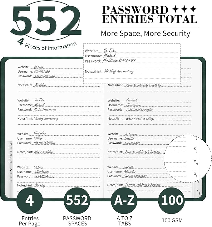 Password Book with Alphabetical Tabs, 5.4"x7.8"Password Keeper Book, 160 Pages/100GSM Hardcover Notebook, Password Organizer for Internet Website Address Login