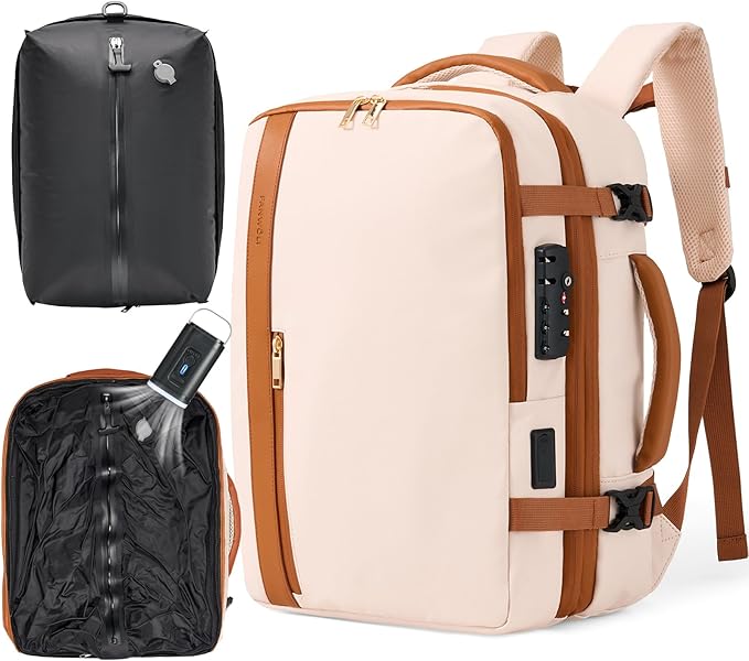 Fanwoli Vacuum Travel Backpack, Carry On Luggage with TSA Lock & Anti Theft Zipper, 60L Expandable Airback with Compression Pump, Waterproof Laptop Bag Ideal for Flight & Business,White