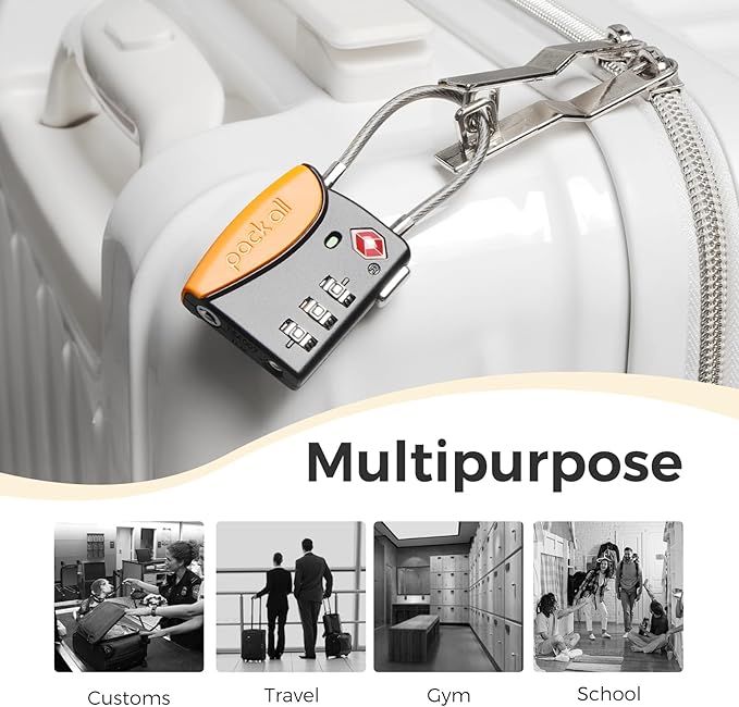 pack all TSA Approved Cable Luggage Locks, 3 Digit Combination Padlocks, Travel Lock for Suitcases & Bag, Alloy Body, Travel Accessories (4 Pack)（Orange）