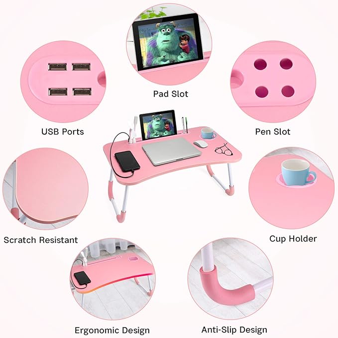 Slendor Lap Desk with Cup Holder, Foldable Laptop Table for Bed, Portable Bed Desk for Laptop and Writing, Computer Tray with Tablet Slot, Notebook Stand Reading Holder for Couch Sofa Floor,Pink