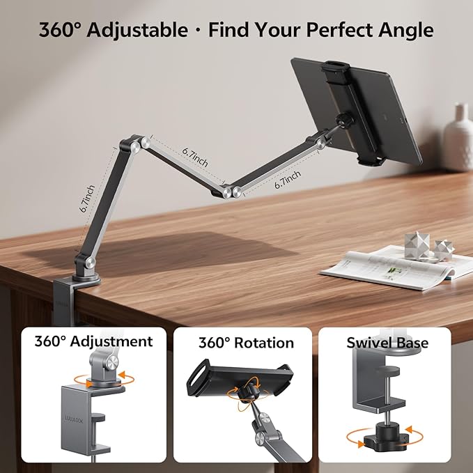 Tablet Stand iPad Phone Holder for Desk, Heavy Duty Aluminum 360° Rotating & Foldable Arm Mount Kindle Holder for Bed, Stand for iPad, Kindle, Portable Monitor, Samsung Galaxy Tab, Grey (Max 15.6")