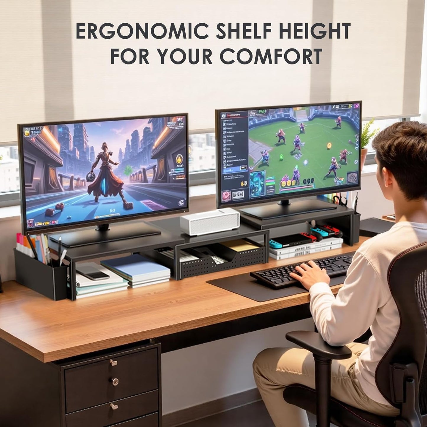 Desk Organizers and Accessories, Dual Monitor Stand Riser with Drawer and 2 Pen Holders, Desk Shelf Metal Computer Monitor Stand for Office Workspace Organizers, Desktop Organization (Black)