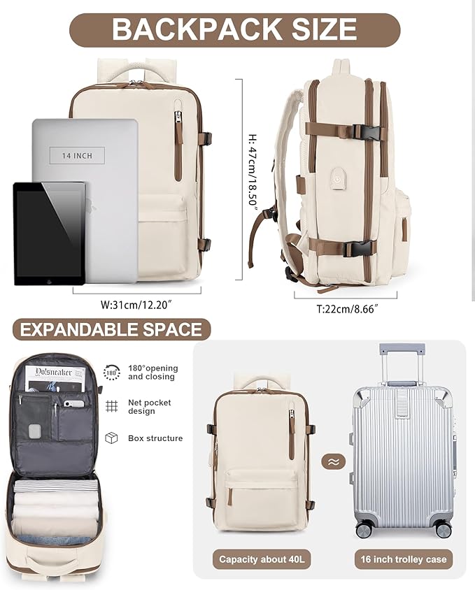 VECAVE Carry On Backpack for Women,Large Travel Backpack Flight Approved,Waterproof 15.6 Inch Laptop Backpack Business Work Backpacks Men Mochila De Viaje WhiteBrown