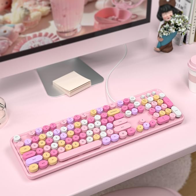 Colorful Computer Keyboards Wired, USB Plug and Play Full Size Typewriter Keyboard, Cute Aesthetic Keyboard with Foldable Stands for Windows PC Laptop (Pink)