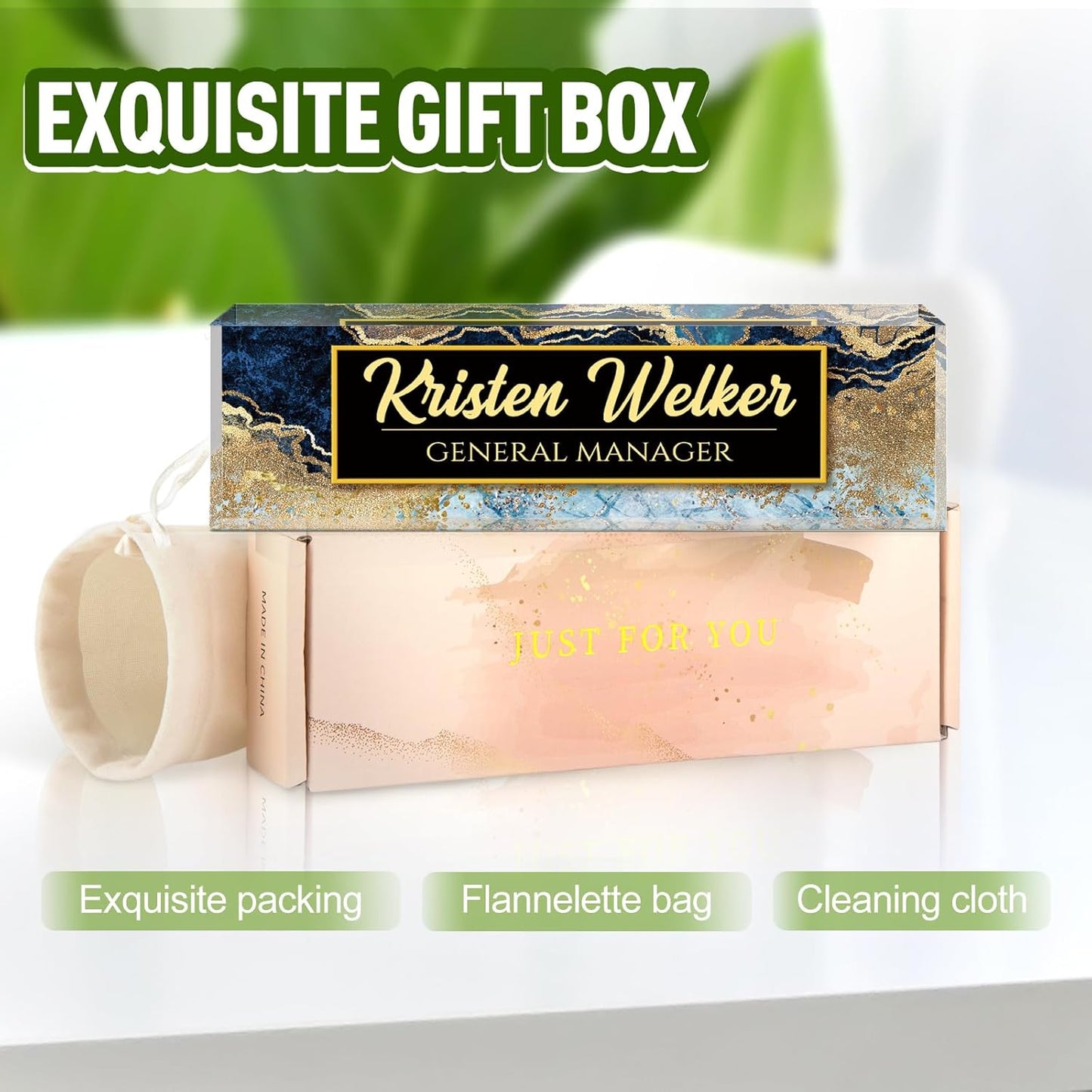 Name Plate for Desk, Desk Name Plate Personalized, Office Decor for Women Men, Acrylic Desktop Accessories, Office Appreciation Gifts for Boss Social Workers Nurse Teacher Employee (Blue/Gold)