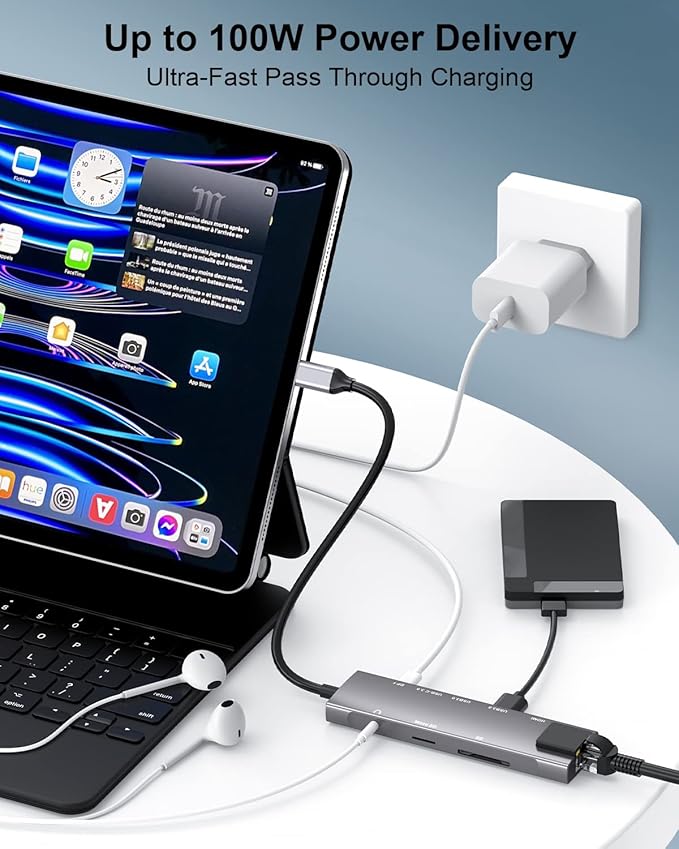 USB C Hub 9 in 1 Multiport Adapter w/Gigabit Ethernet,100W PD,4K@60Hz,2 USB 3.0,USB C 3.0 Data,SD/TF Card Reader,3.5mm Jack,Dongle Docking Station for MacBook iPad Pro iPhone 15 Steam Deck/Rog Ally