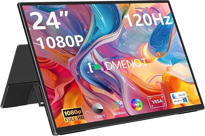 1080P Portable Monitor 24" 120Hz Travel Monitor 120% sRGB External Second Screen for Desktop Laptop Mini PC MacBook W/Stand HDMI USB-C Gaming Display for PS5/Xbox (OS24-1080P)