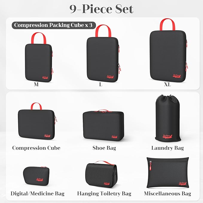 9 Set Compression Packing Cubes for Travel, Waterproof Organizer Set with Underwear Bag, Hanging Toiletry Bag, Shoe Bag, Laundry Bag & Digital Pouch (Black)