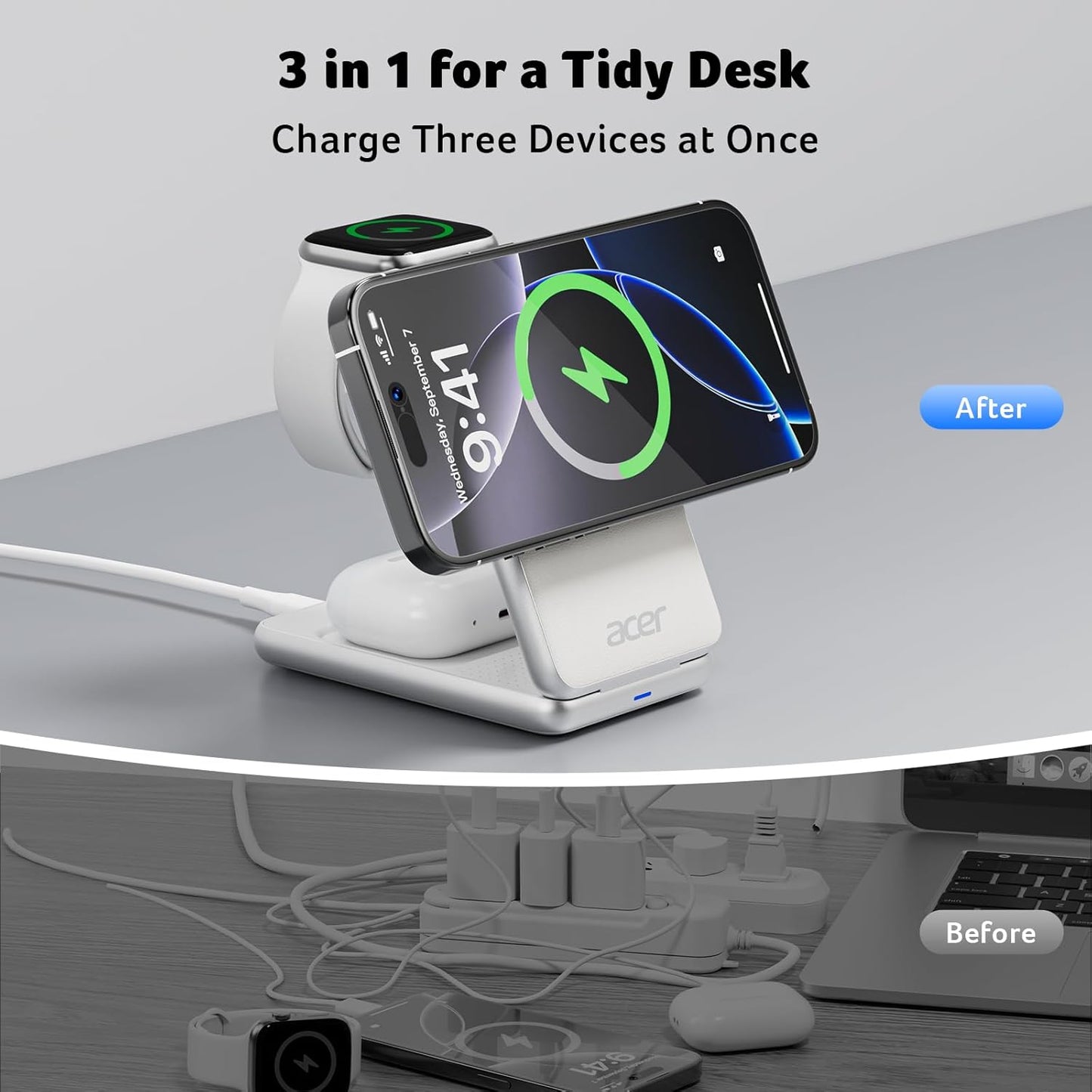 Acer Magnetic Wireless Charger, 3 in 1 Wireless Charging Station, 15W Fast MagSafe Charger for iPhone 16 15 14 13 12 Series -Apple Watch 10 9 8 7 6 5 4 3 2 SE and Ultra Series-Airpods 4 3 2 Pro Series