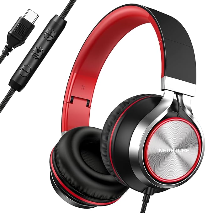 INFURTURE USB C Headphones with Mic,Volume Control,Tangle-Free Plaiting Line,Type C Headphones Wired,Lightweight Foldable for iPhone 15/16 Headphone Series/Tablet/School/Travel/Sports/Audiobooks