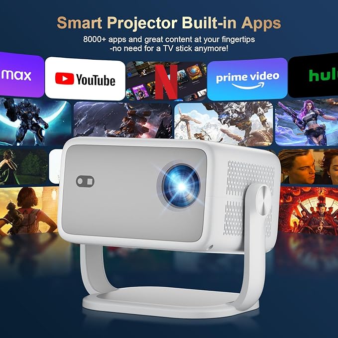 Smart Projector with WiFi and Bluetooth, 1080P Native 4K Support, 600 ANSI Lumen, Electric Focus & Auto Keystone, Built in Apps, Mini Portable Projector for Outdoor Movies Home Theater