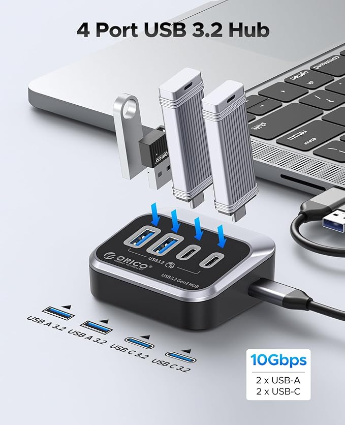 ORICO USB Hub 10Gbps with 2 USB A Ports+2 USB C Ports, USB 3.2 Gen 2 Hub with 3.28Ft USB-C-A/C Cable USB Splitter for iMac, MacBooks, Mac mini
