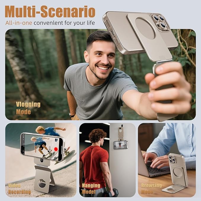 Phone Tripod Stand, Aluminum Alloy Mini Tripod Compatible with Magsafe iPhone 17/16/15/14/13/12 Series, Foldable Strong Magnetic Phone Stand, Mult-Angle Adjustment Selfie Stick
