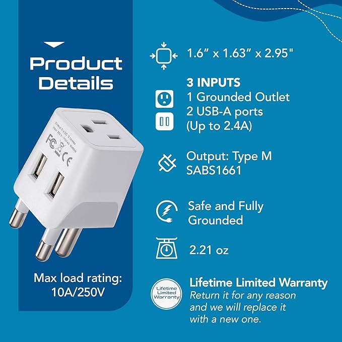Ceptics South Africa, Botswana Travel Adapter Plug With Dual USB + USA Input - Type M - Ultra Compact - Safe Grounded Perfect for Cell Phones, Laptops, Camera Chargers and More (CTU-10L)
