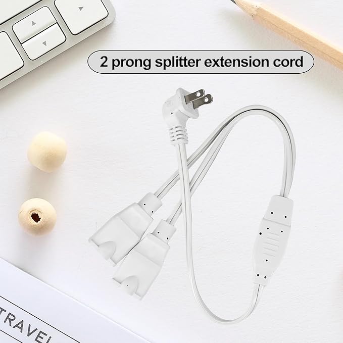 Power Cord Extension and Splitter,2-Pack White 2 Prong,Power Splitter with 90°Right Angle Plug -2 Way Outlets Splitter Extension Cord for Indoor/Outdoor Use