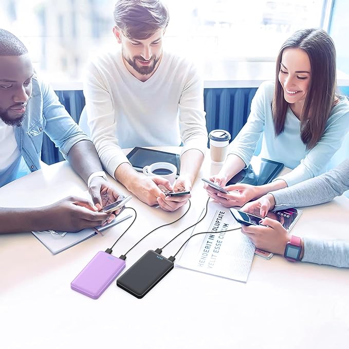 [2 Pack] Portable Charger Power Bank 10000mAh,Ultra Slim Compact External Battery Pack with USB C Input & Dual USB Outputs Backup Charger Compatible with iPhone 14,13, Samsung S20,Tablet-Black+Purple