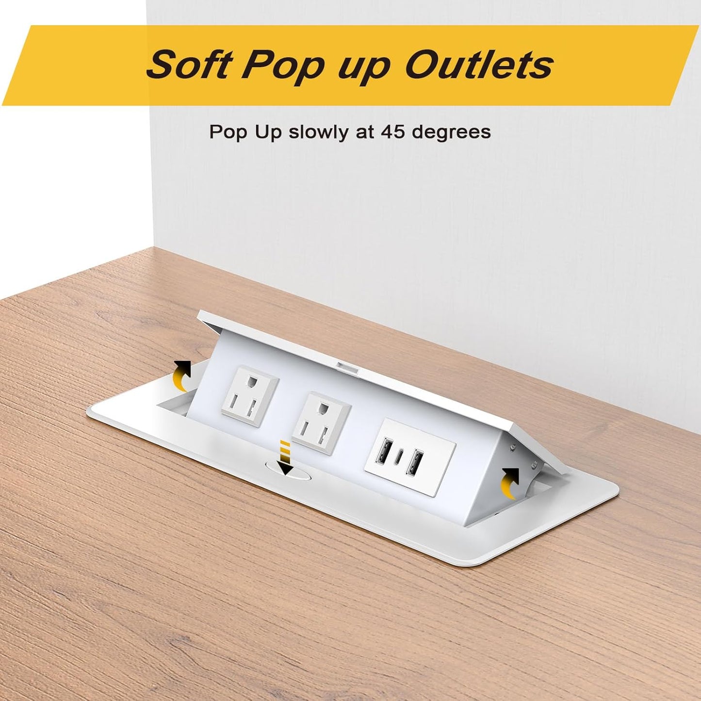 UL Listed Recessed Power Strip, Pop Up Power Cover Box Desktop Socket with USB C Charging Ports, Stainless Steel Receptacle Outlet for Conference Room Countertop (White-USB C)