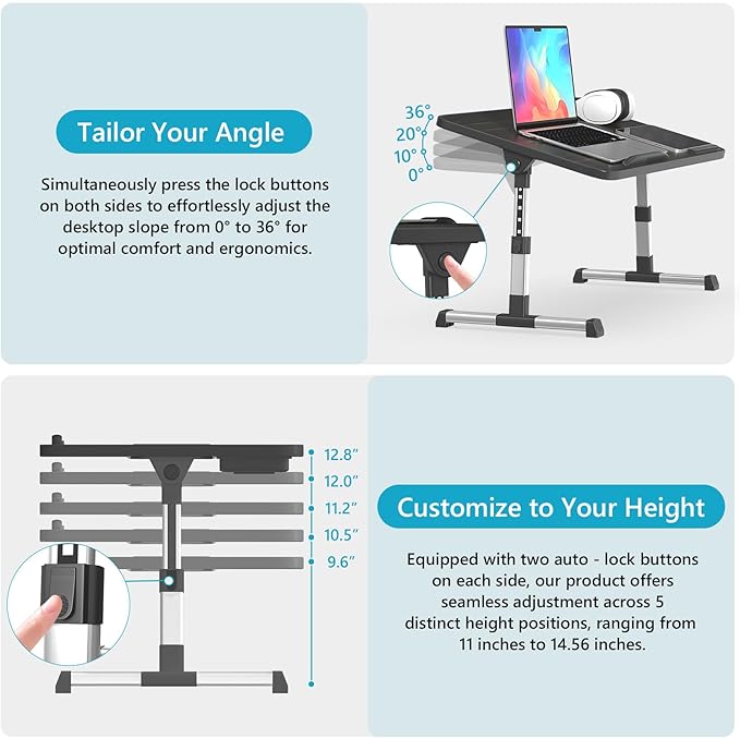 Slendor Laptop Desk Adjustable Laptop Stand Foldable Bed Table Portable Lap Desk Folding Notebook Stand Reading and Writing Holder Breakfast Tray with Drawer and Cooling Fan for Bed Couch Sofa Floor