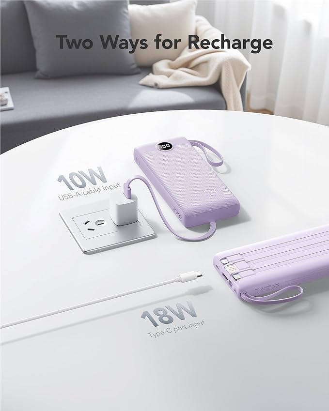 VRURC Portable Charger with Built in Cables 20000mAh, 22.5W Fast Charging USB C Power Bank,LED Display Charging Back with 4 Output 2 Input for iPhone 15/14/13/Pro, Samsung,Android-Purple (1 Pack)