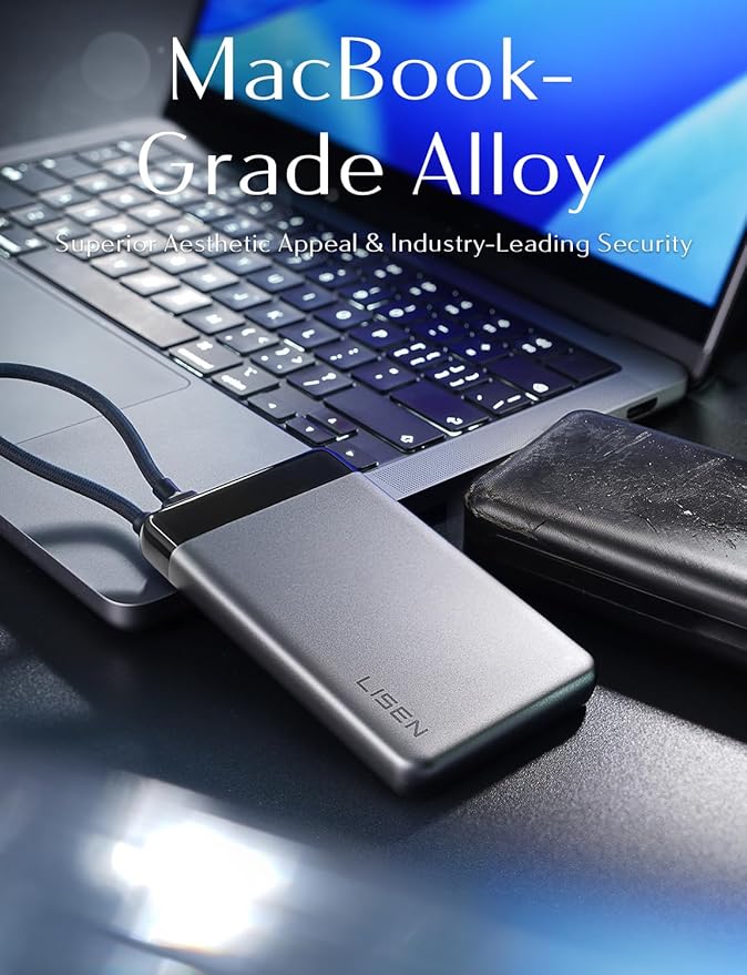 LISEN 0.5" Ultra Slim Portable Charger Power Bank [10000mAh 22.5W] CCC Certified Power Bank TSA Approved, Airplane Gadgets for Global Travel Essentials Portable Battery Pack with Built-in USB C Cable