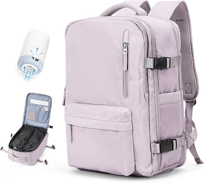 Vacuum Travel Backpack with Pump for Women, Personal Item Carry on Backpacks Flight Approved 18x14x8 inches for Men,Laptop Waterproof Work Compression bags Casual Daypack. (Pink)