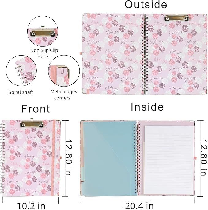Clipboard Folio Spiral Folder Board,5 Extra Folders with 10 Storage Pockets,Refillable Lined Fillable Notepad,Folded Clipboard with Storage,Suitable for Office,School and Student (Pink Love Flower)