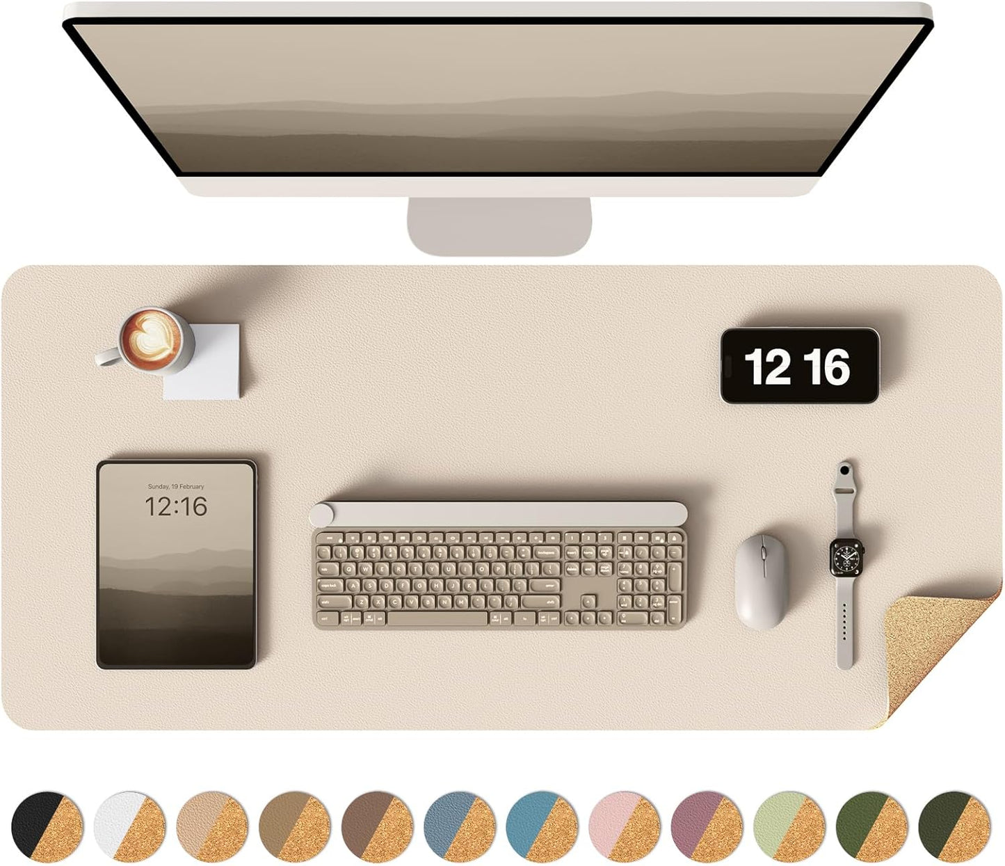 YSAGi Double-Sided Desk Pad, 35.4"x17" Leather Desk Mat, Eco Cork Desk Pad Protector,Large Mouse Pad,Waterproof Desk Blotter for Office/Home (Beige/Cork)