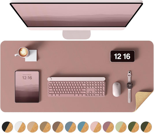 YSAGi Double-Sided Desk Pad, 31.5"x15.7" Leather Desk Mat, Eco Cork Desk Pad Protector,Large Mouse Pad,Waterproof Desk Blotter for Office/Home (Pale Mauve/Cork)
