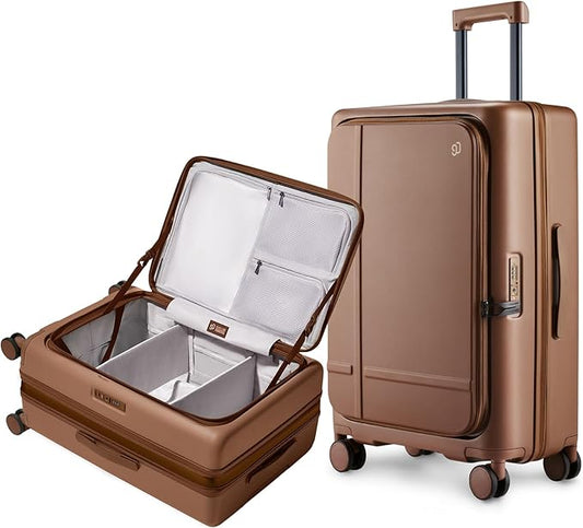 NINETYGO Medium Checked Luggage 25 Inch, Flat Top Opening Checking In Luggage with Cup Holder, Expandable, Coffee-Infused PC Hard Shell, Eco-Friendly, TSA Lock, 360° Spinner Wheels (Latte)