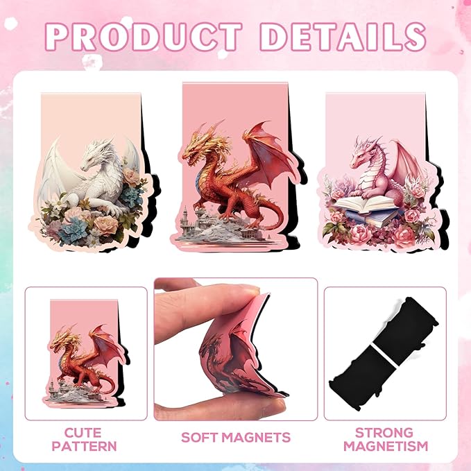 Dragon Flower Magnetic Bookmark - 8 Pcs Fantastic Book Marks Magnets Dragon Floral Leaf Magnetic Bookmarks Cool Animal Bookmark Page Clip Gifts for Book Lovers Students Teacher School Reading