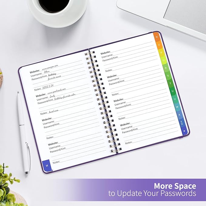Password Book with Alphabetical Tabs, Password Keeper Book for Seniors, Individual & Colorful Tabs, Spiral Hardcover Password Notebook for Website Logins, 5.7" x 7.7", Purple